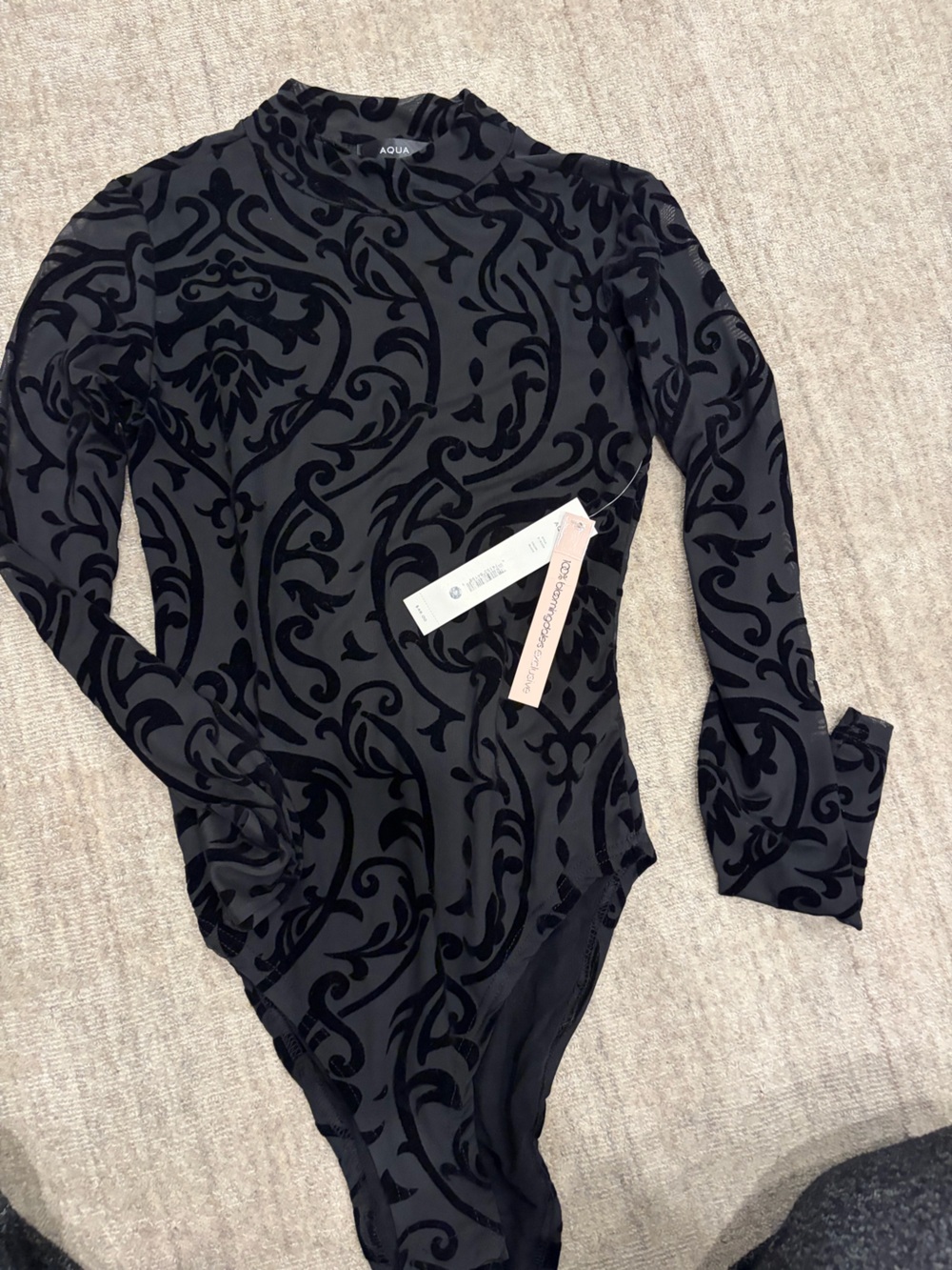 Aqua women’s Black Velvet-Print Long Sleeve bodysuit